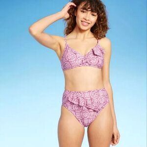 Shade & Shore Pink Ruffle Asymmetrical Bikini 2 Piece Summer Cute Set NWT